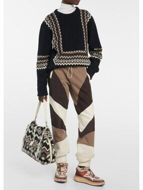 Chloe $1990 Wool Blend Jacquard Sweater Black Brown Crew Neck Womens XS